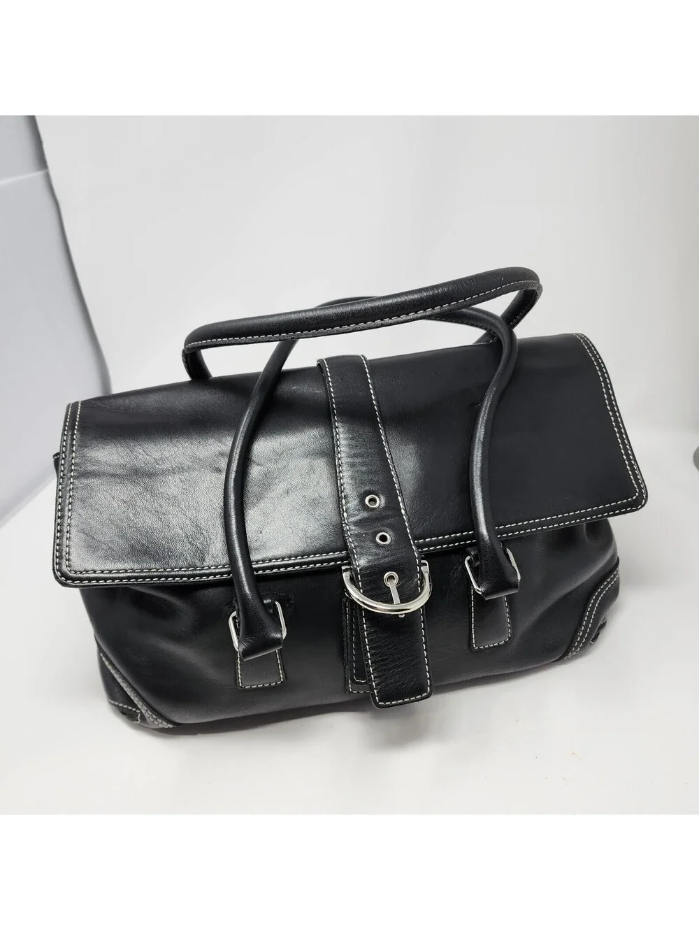 Coach Black Leather Flap Satchel Bag Contrast Stitching